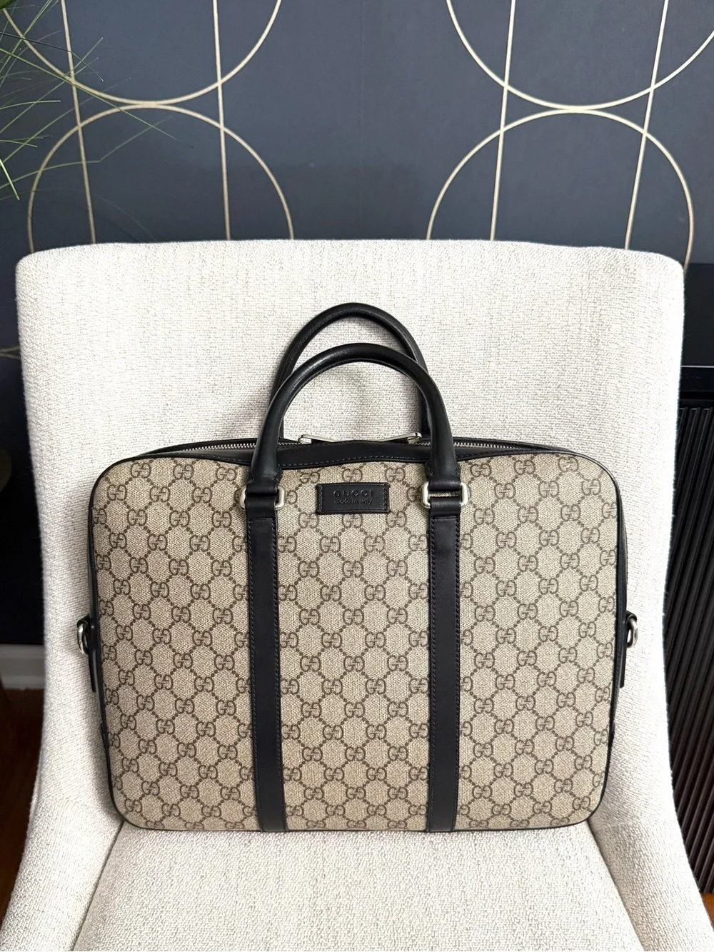 Authentic Gucci supreme laptop bag briefcase brown black leather unisex